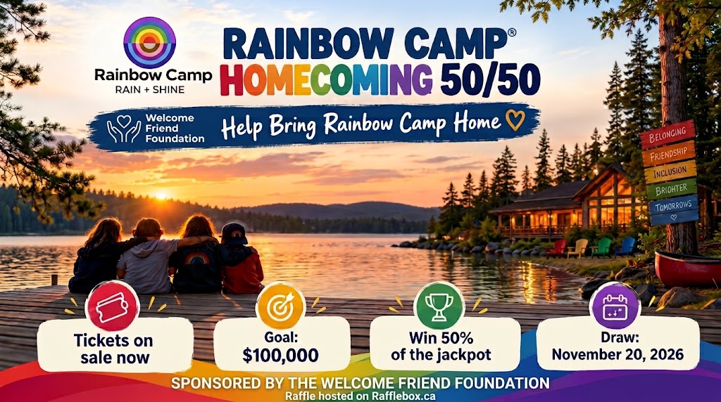 Rainbow Camp Homecoming 50/50 promotional graphic